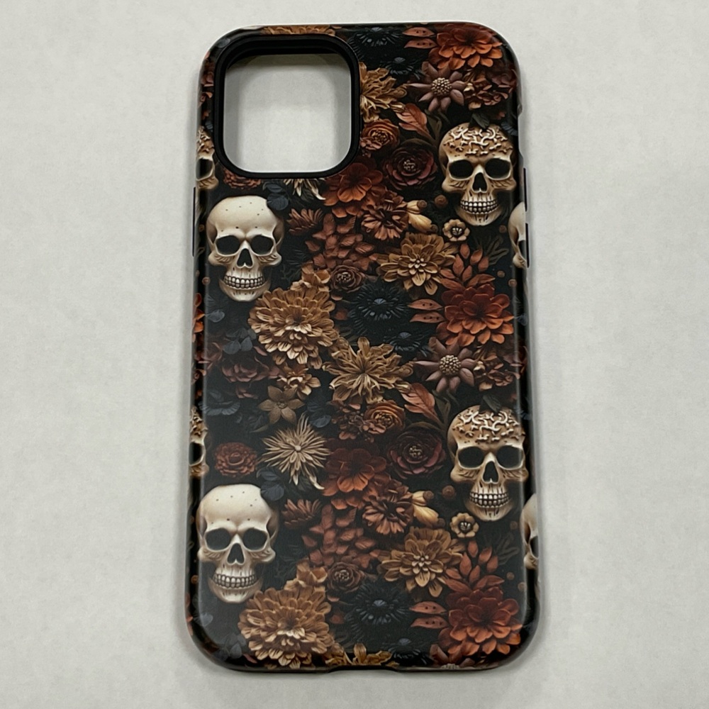 IP12 (6.1 inch) Floral Skull Phone Case - Black & Brown Matte Finish